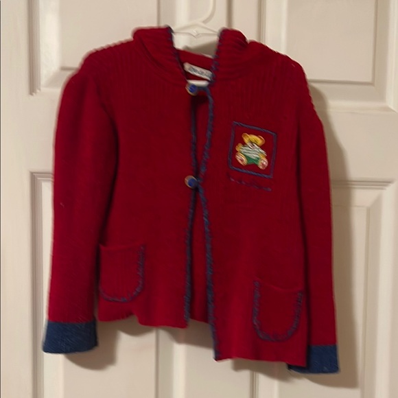 Other - Vibrant Red Knit Cardigan with Blue Accents
